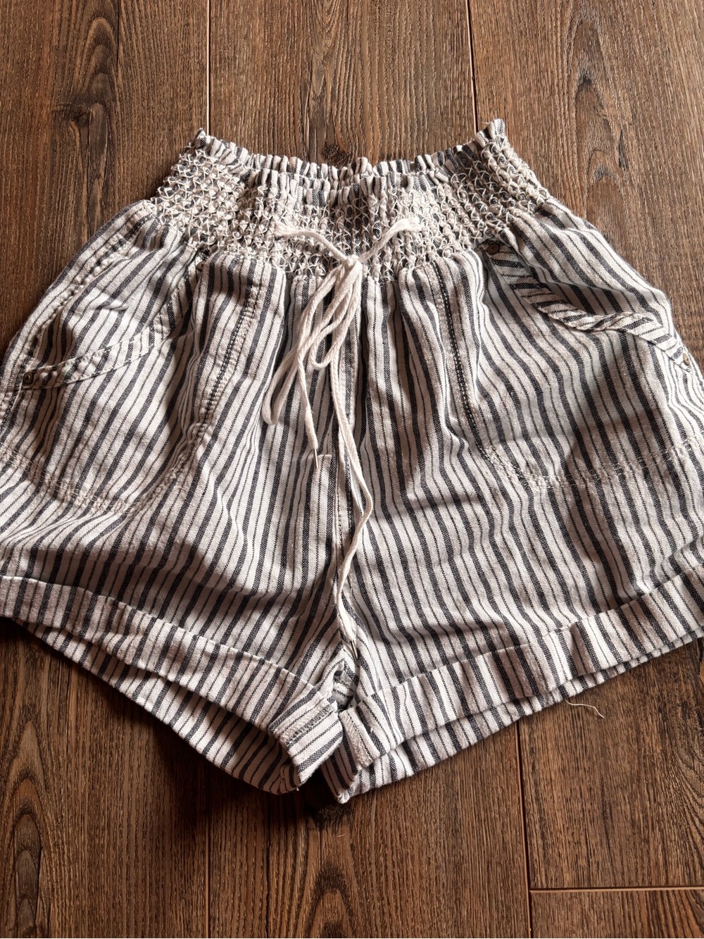 Ci Sono High-Waist Striped Smocked Shorts - white and blue